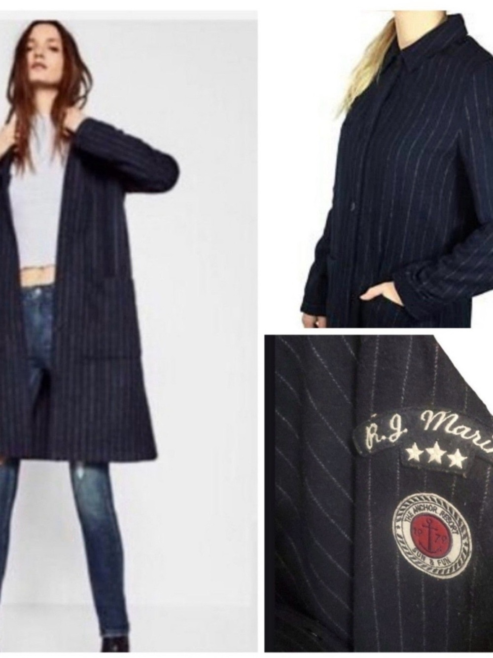 Zara Navy Pinstripe Long Coat with Embroidered Patch